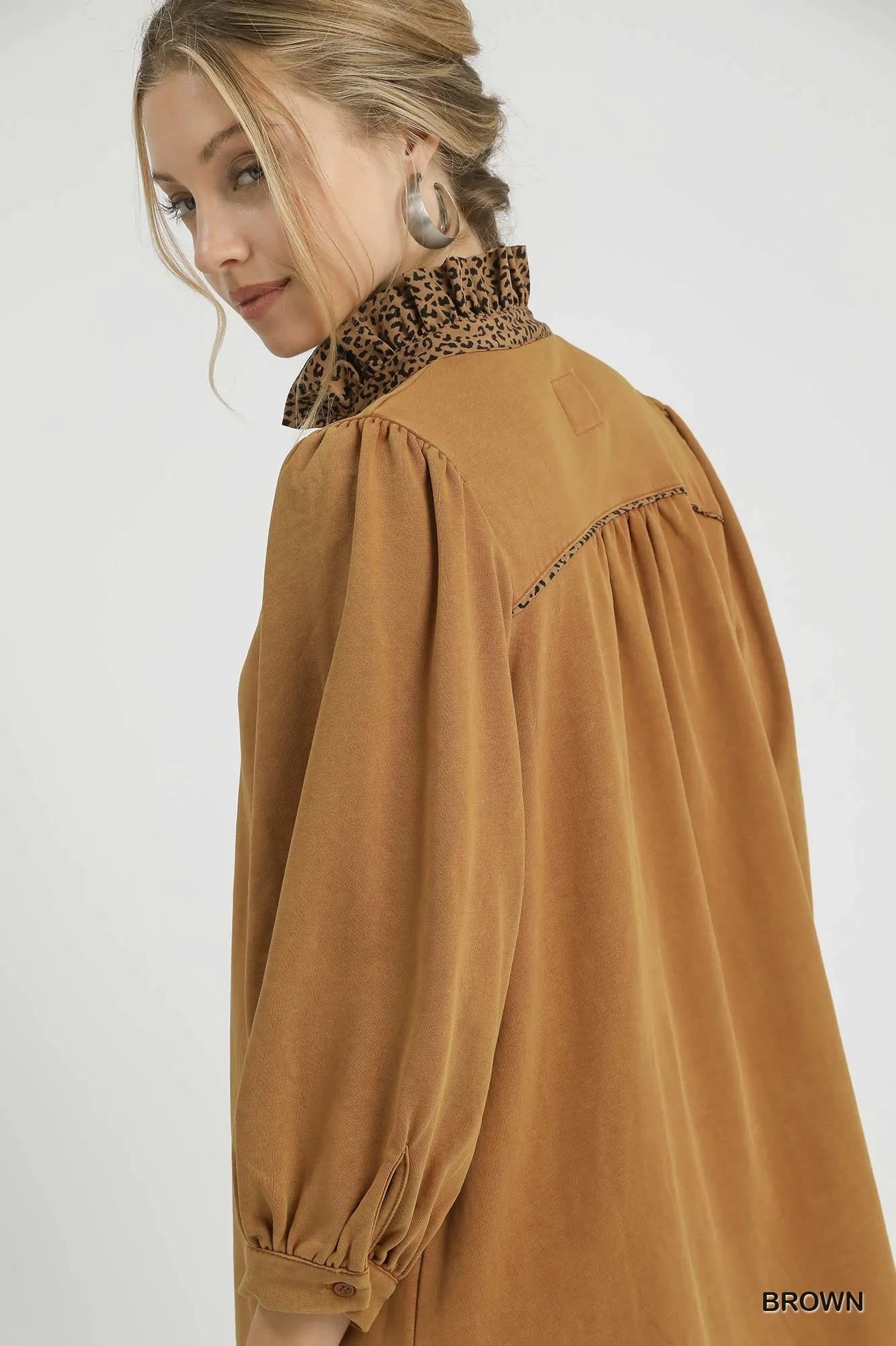 Umgee Brown French Terry Balloon Sleeve Shift Dress with Leopard Print Detail