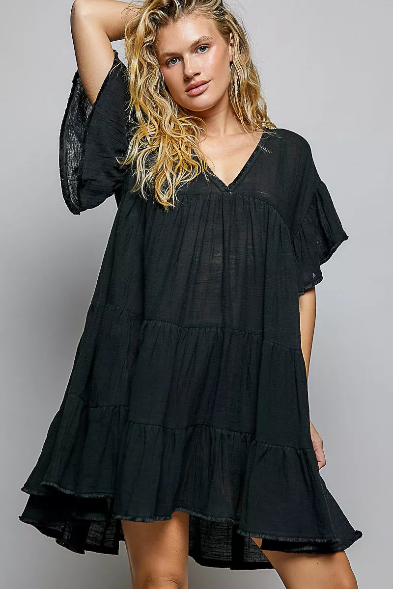 POL Ruffle Shirred V-Neck Short Sleeve Cotton Dress Black