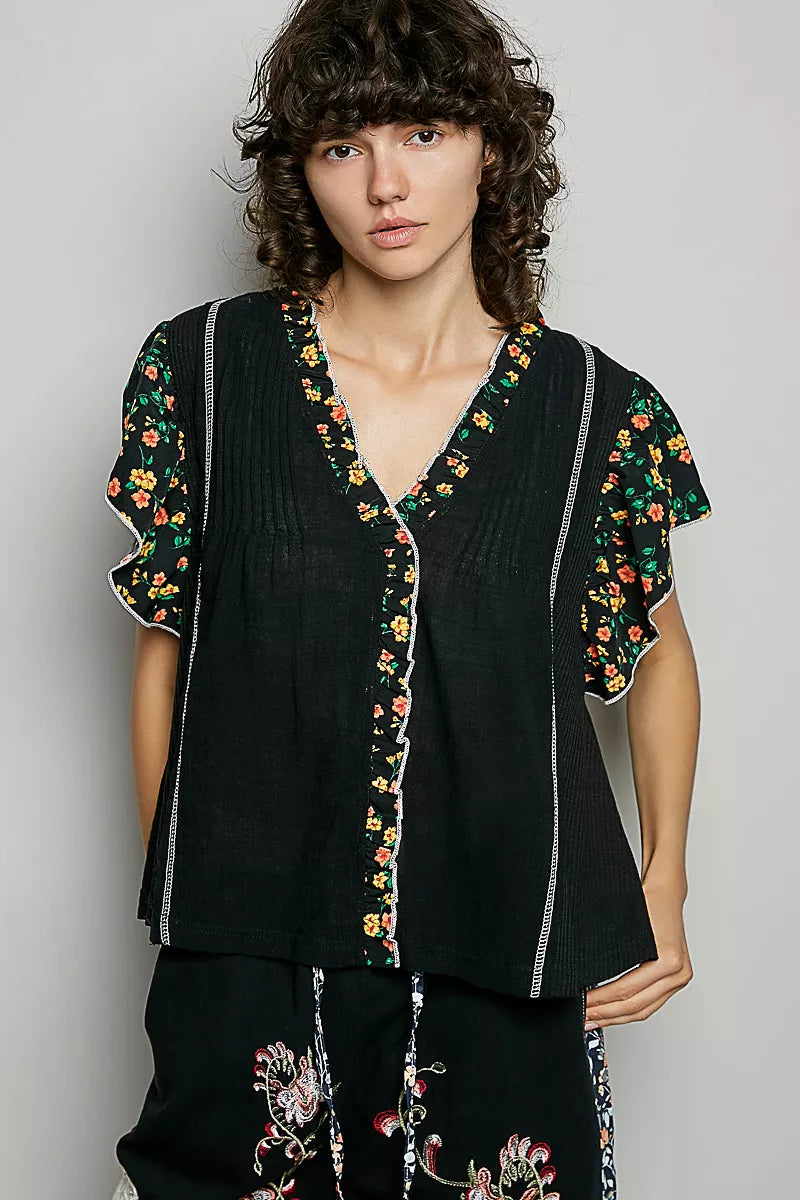 POL Black V-Neck Floral Ruffle Sleeve Blouse