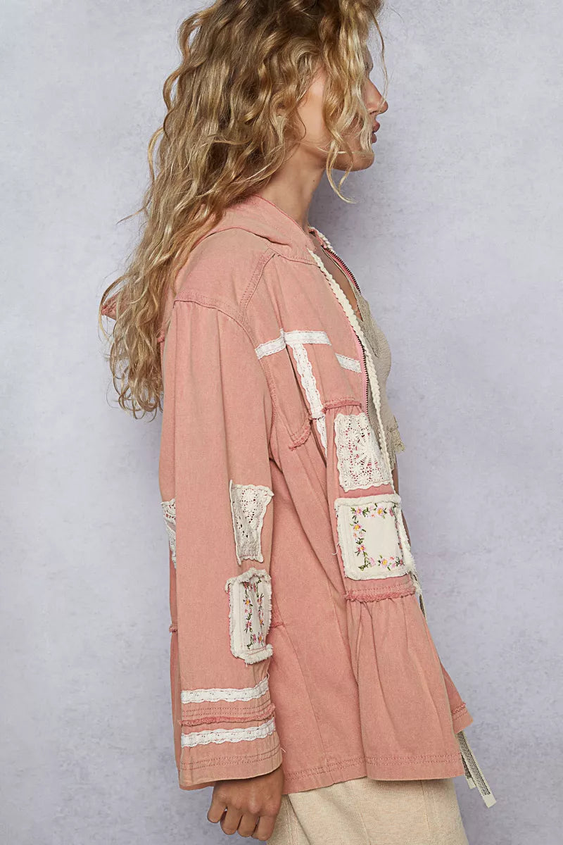 POL Dusty Pink Embroidered Patch Hooded Jacket with Lace Detail