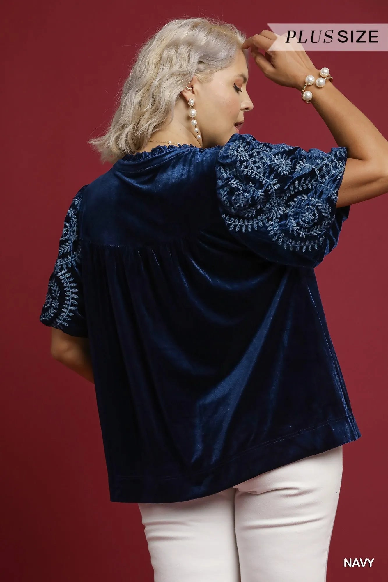 Umgee Navy Velvet Embroidered Sleeve Blouse