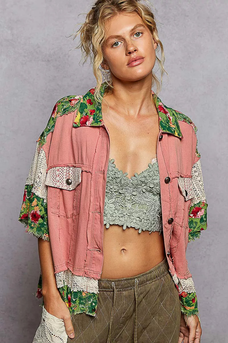 POL Guava Pink Multi Lace Patch Floral Half Sleeve Woven Jacket