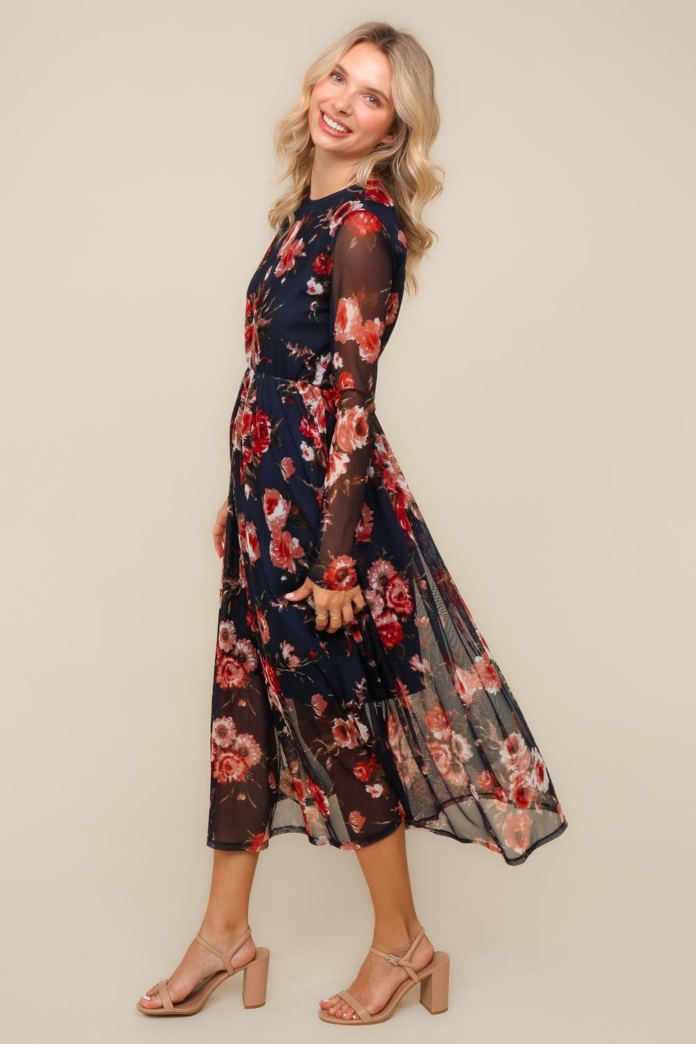 Haptics Navy Floral Mesh Midi Dress