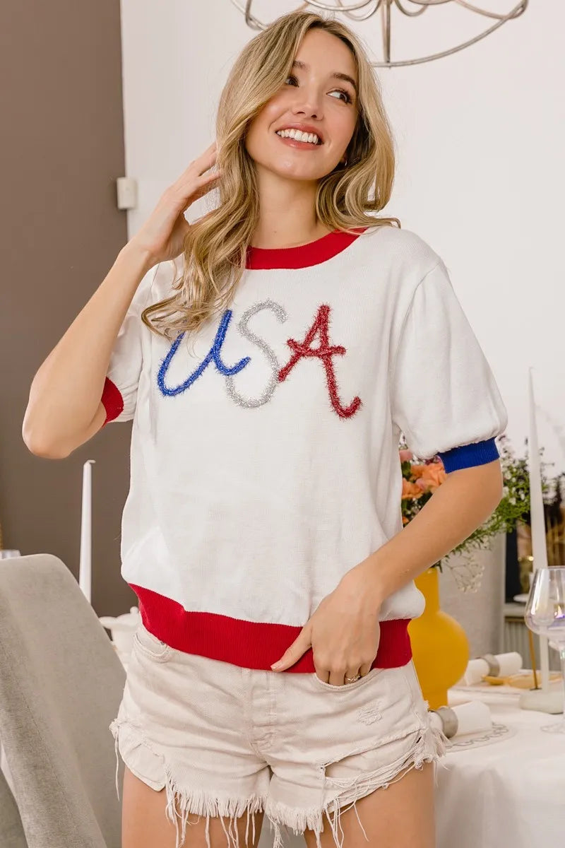 BiBi White USA Metallic Letter Color Block Light Weight Knit Top