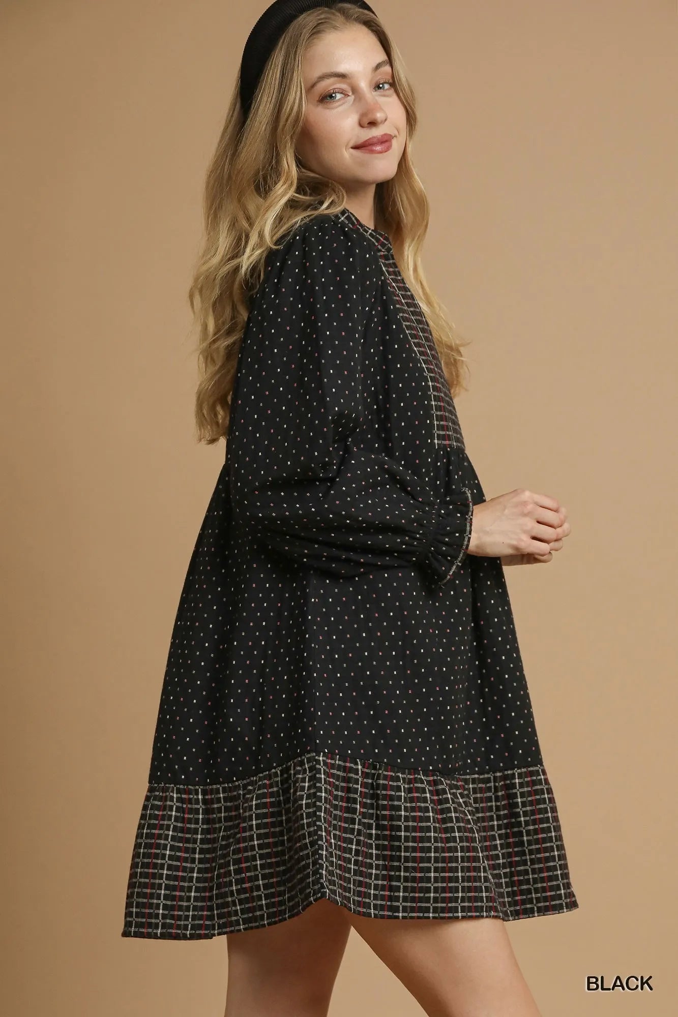 Umgee Black Polka Dot Plaid Trim Babydoll Dress