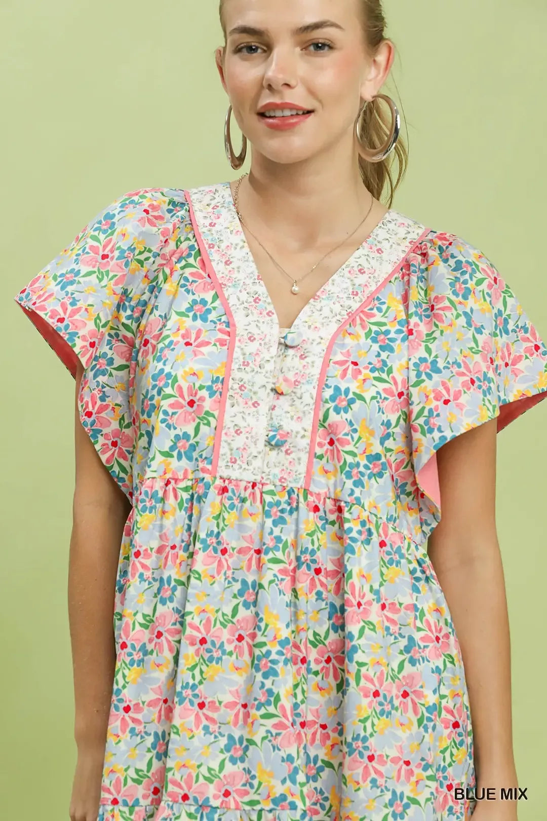 Umgee Blue Mix Floral Tiered Mini Dress with Side Pockets