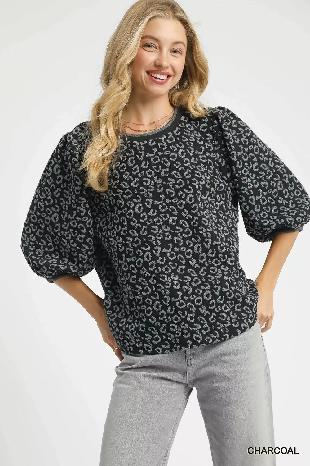 Umgee Charcoal Leopard Print Jacquard Blouse with Puff Sleeves CHARCOAL