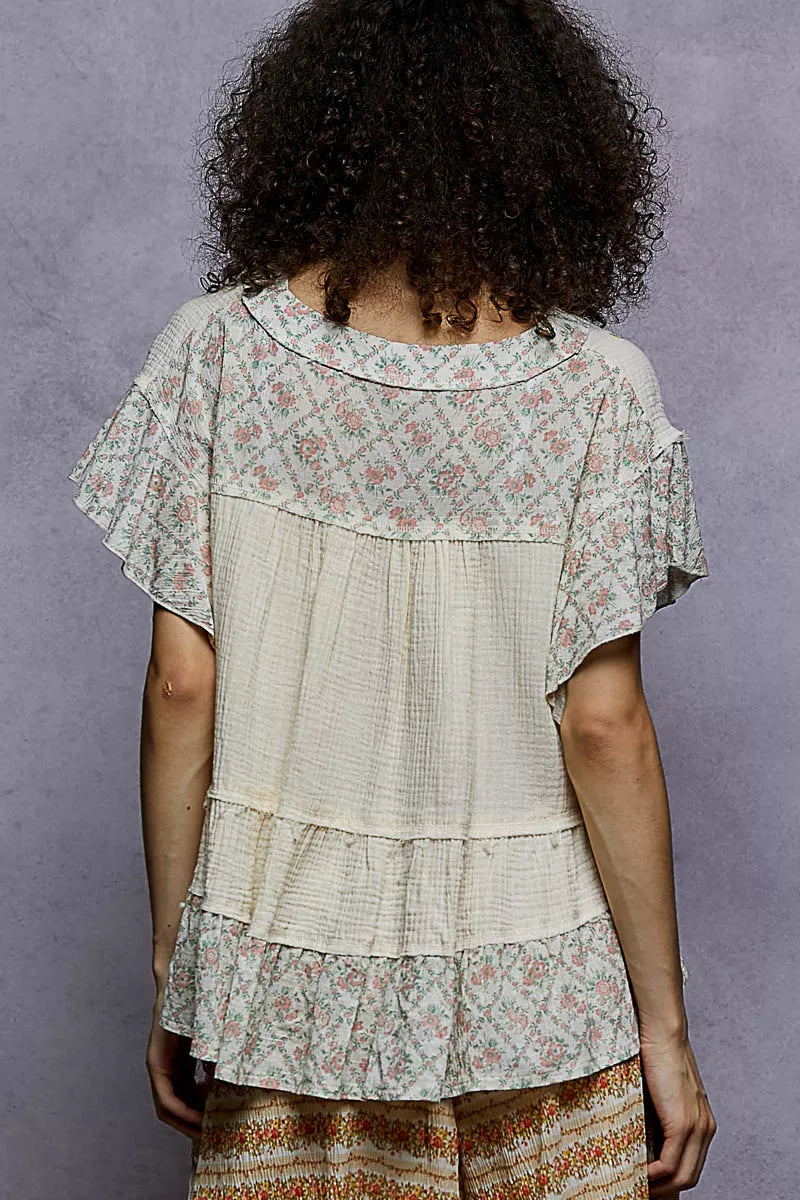 POL Floral V-Neck Short Sleeve Ruffled Double Gauze Blouse with Embroidery Detail