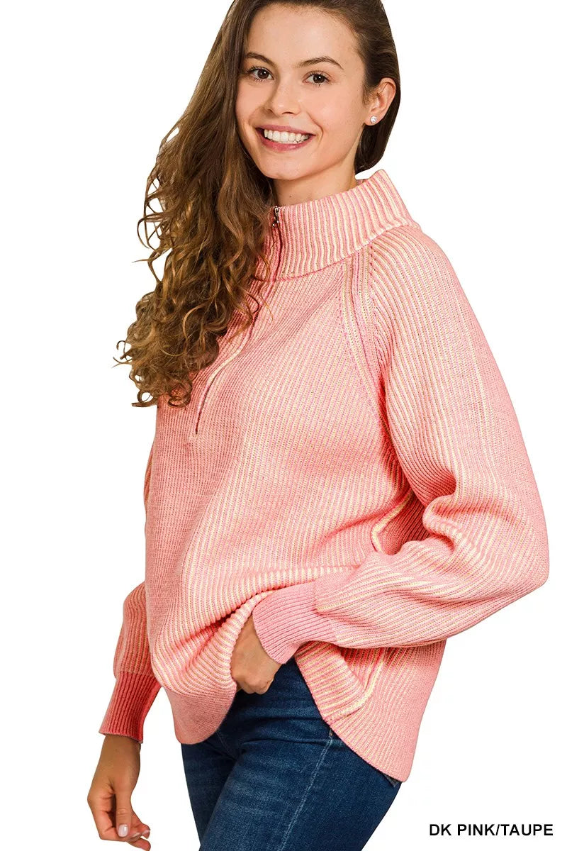 Zenana Ribbed Two Tone Half Zip Sweater r in Dark Pink/Taupe