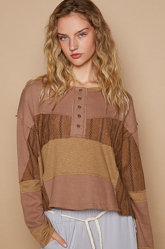 POL Dark Brown Half Button Color Block Drop Shoulder Knit Top Dark Brown Shirts & Tops