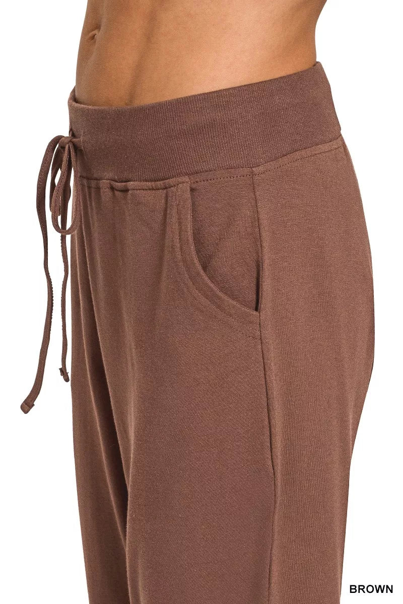 Zenana Brown Drawstring Cotton Joggers with Pockets