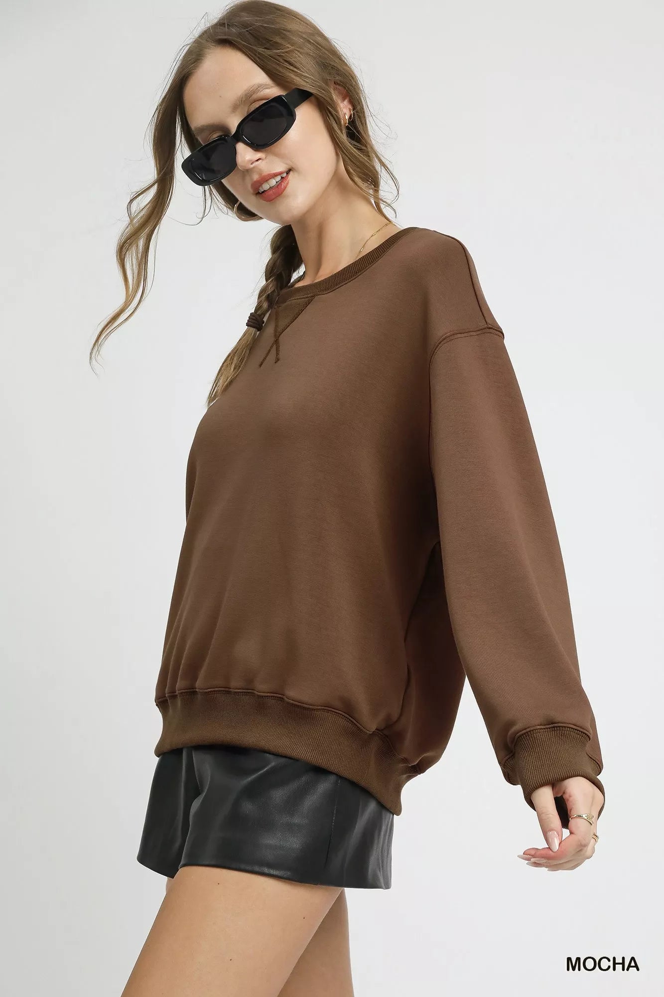 Umgee Mocha Round Neck Long Sleeve Fleece Sweatshirt