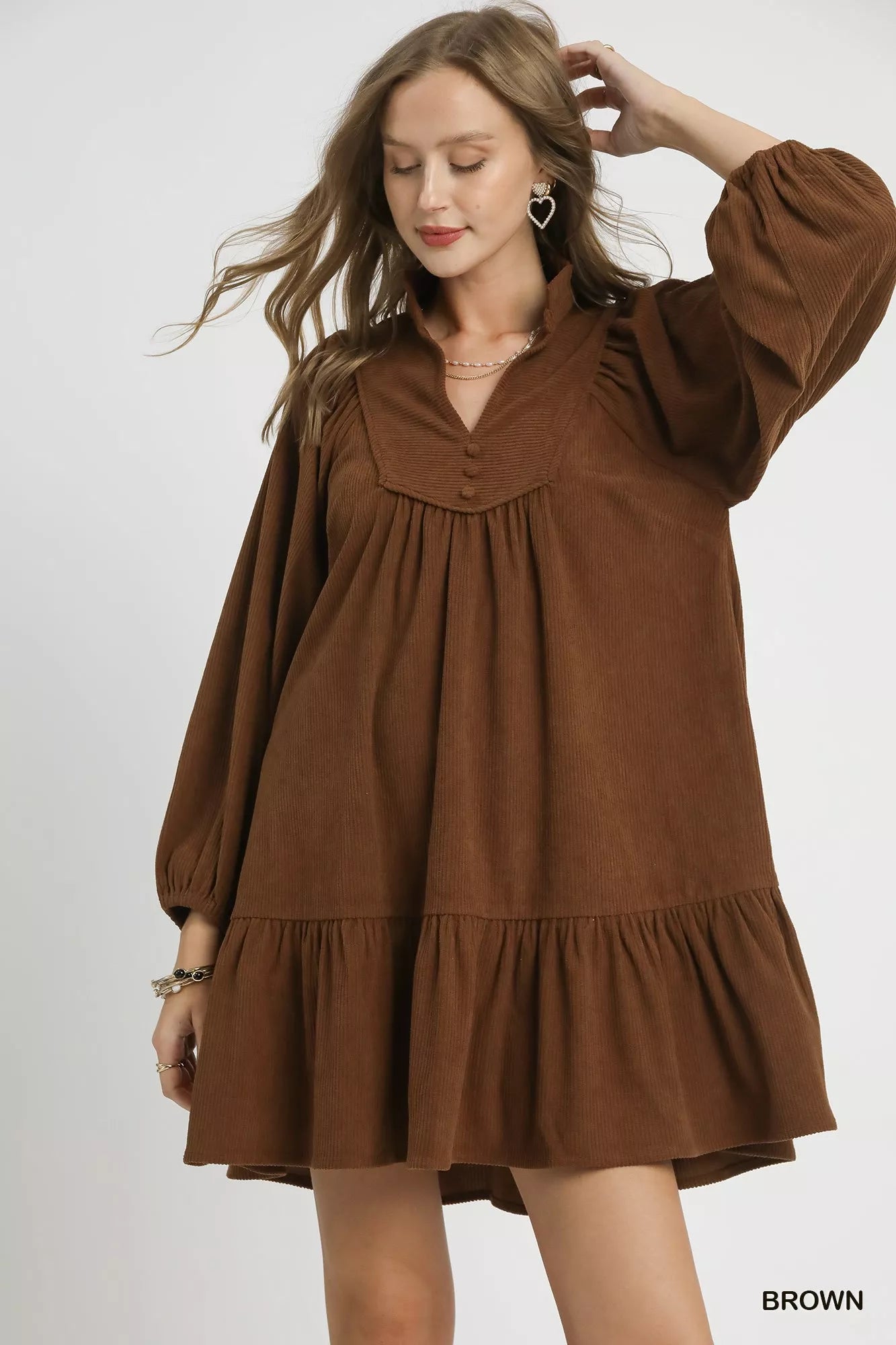 Umgee Brown Corduroy Tiered Babydoll Dress Brown