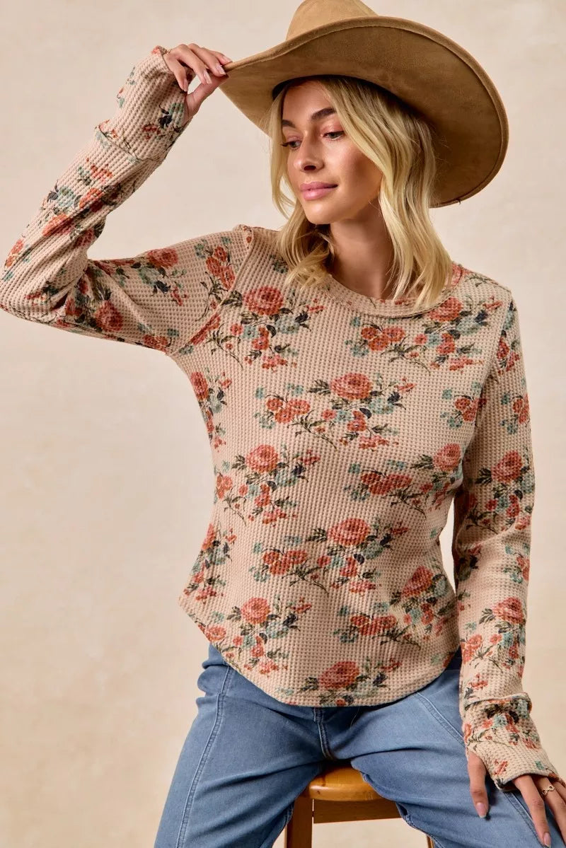 BiBi Taupe Floral Print Washed Waffle Thermal Top with Thumb