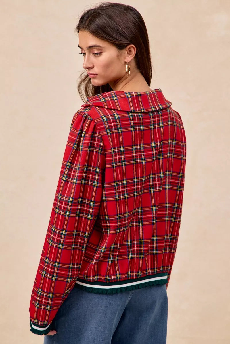 BiBi Christmas Red Plaid Collared Top with Ruffled Detail