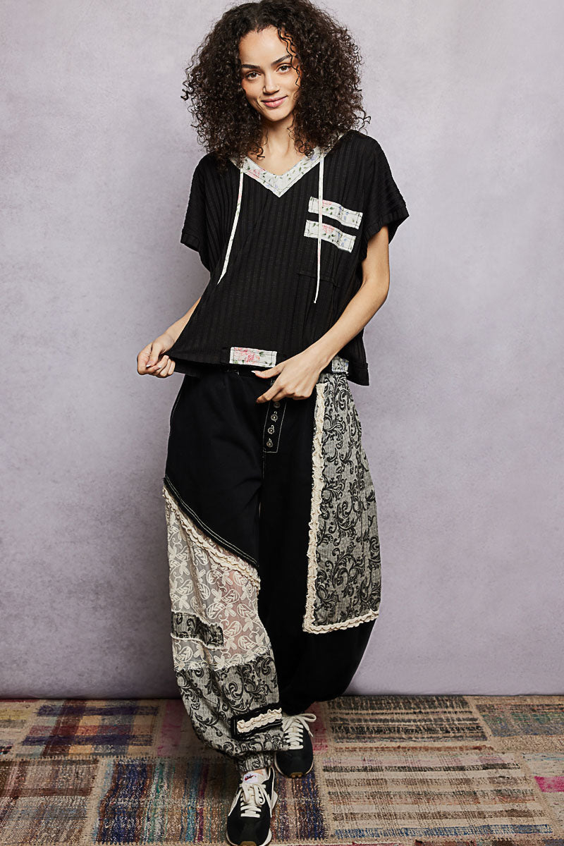 POL Black Short Sleeve Hooded Top with Back-Open & Pearl Detail