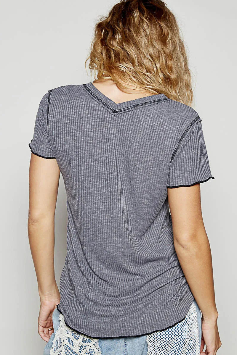 POL Charcoal V-Neck Short Sleeve Ribbed T-Shirt with Contrast Overlock Stitching