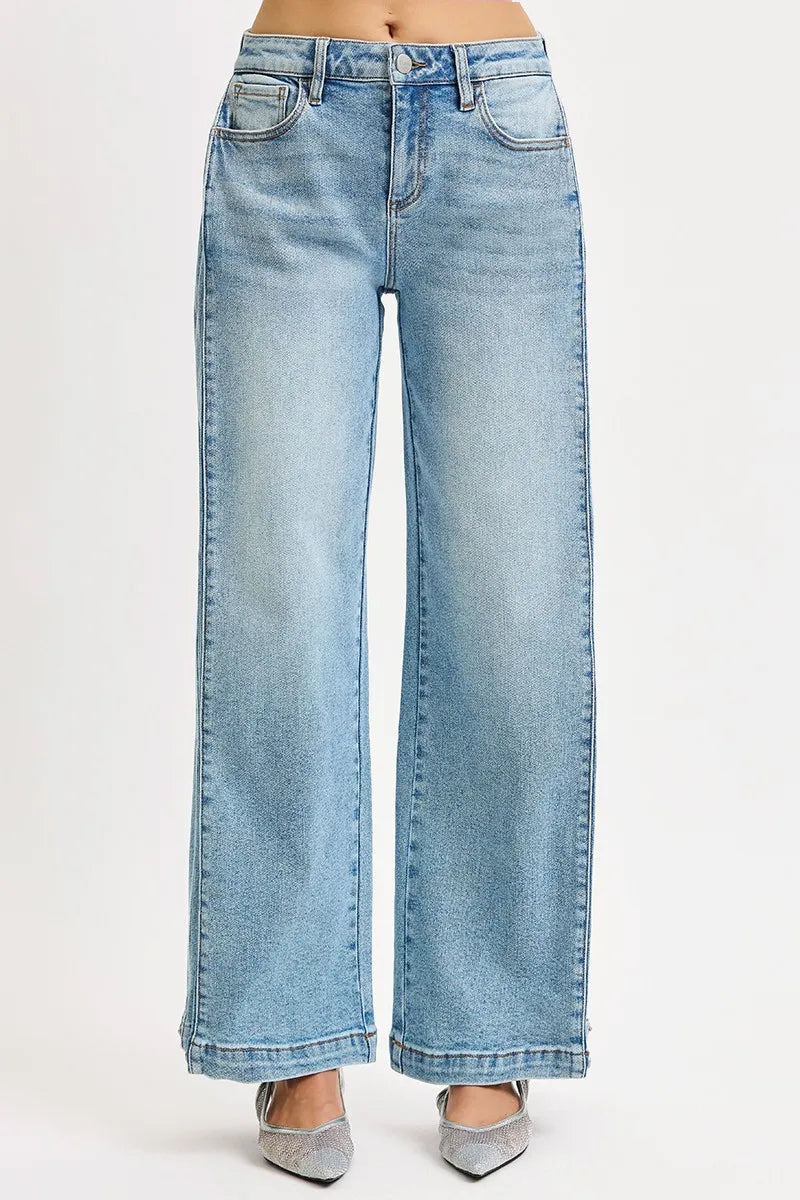 RISEN Medium Washed Mid Rise Wide Barrel Transferable Leg Snap Jeans
