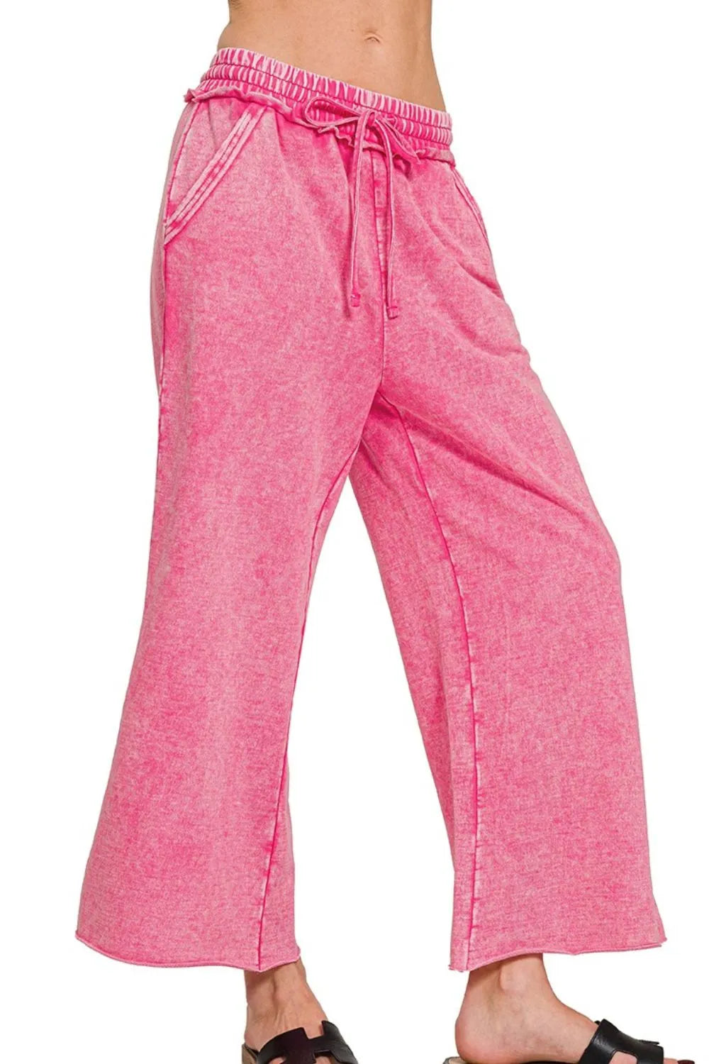 Zenana Hot Pink Washed French Terry Palazzo With Pockets HOT PINK
