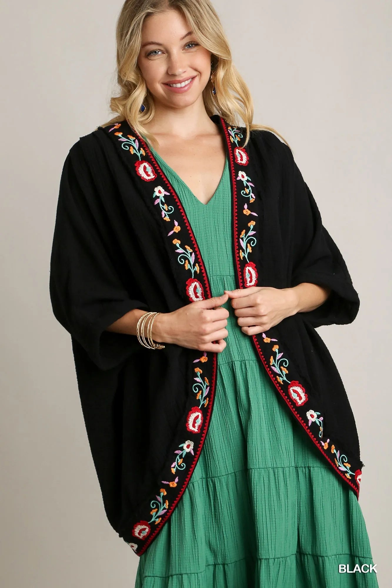 Umgee Black Embroidery Open Front Kimono with Pleated Shoulder Detail Black