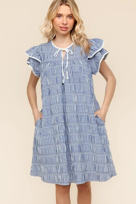 Haptics Navy Plaid Double Ruffle Sleeve Dress with Side Pockets