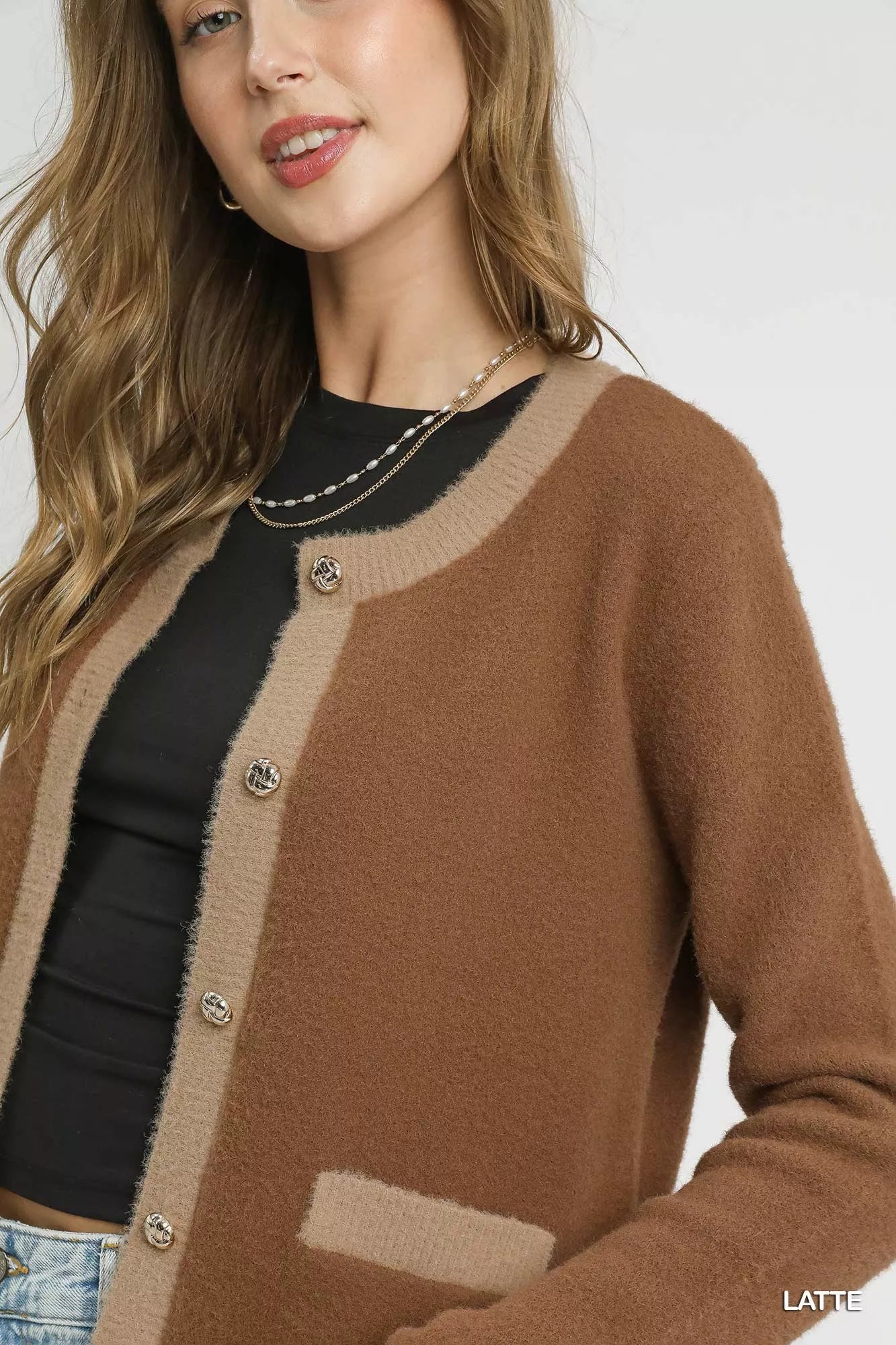 Umgee Latte Two-Tone Button Front Cardigan