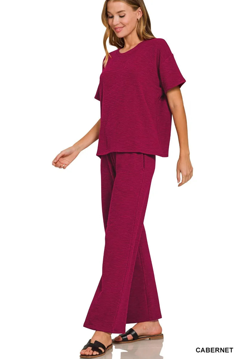 Zenana Cabernet Slub Short Sleeve T-Shirt and Pants Set CABERNET