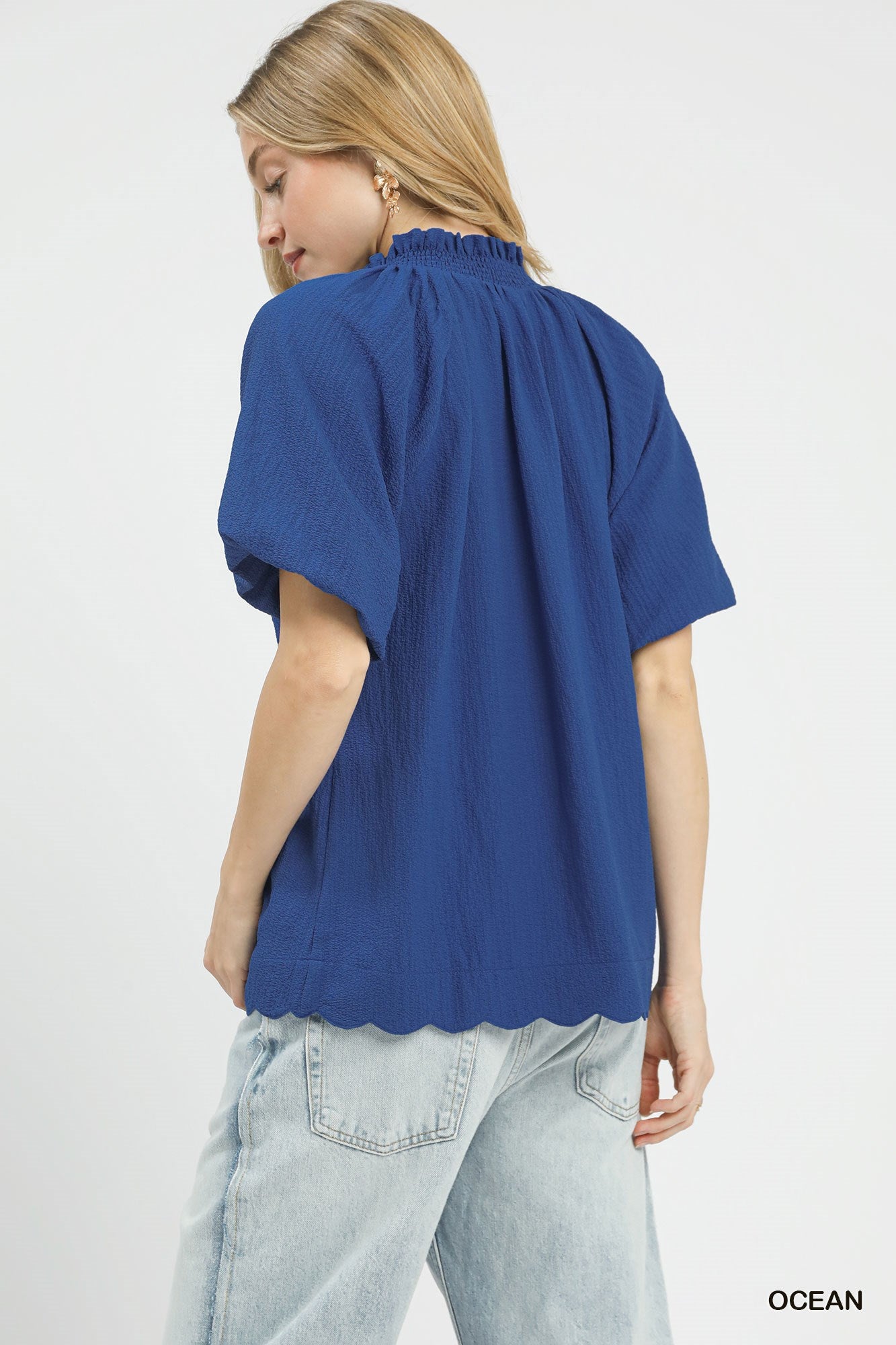 Umgee Ocean Scalloped Hem Textured Blouse