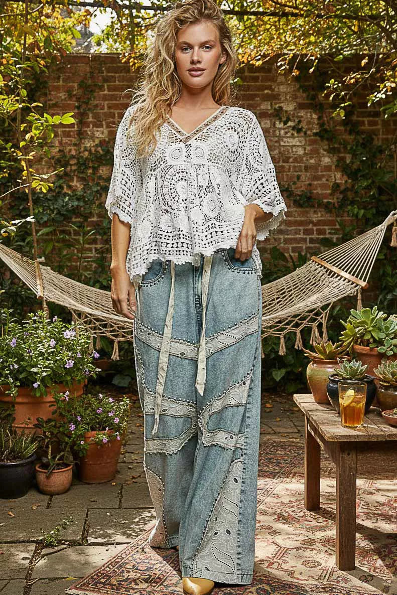 POL V-Neck Crochet Top with Scalloped Hem