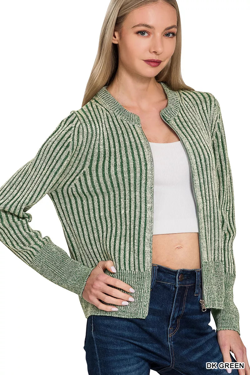 Zenana Dakr Green Ribbed Two Tone Zip Up Sweater Cardigan