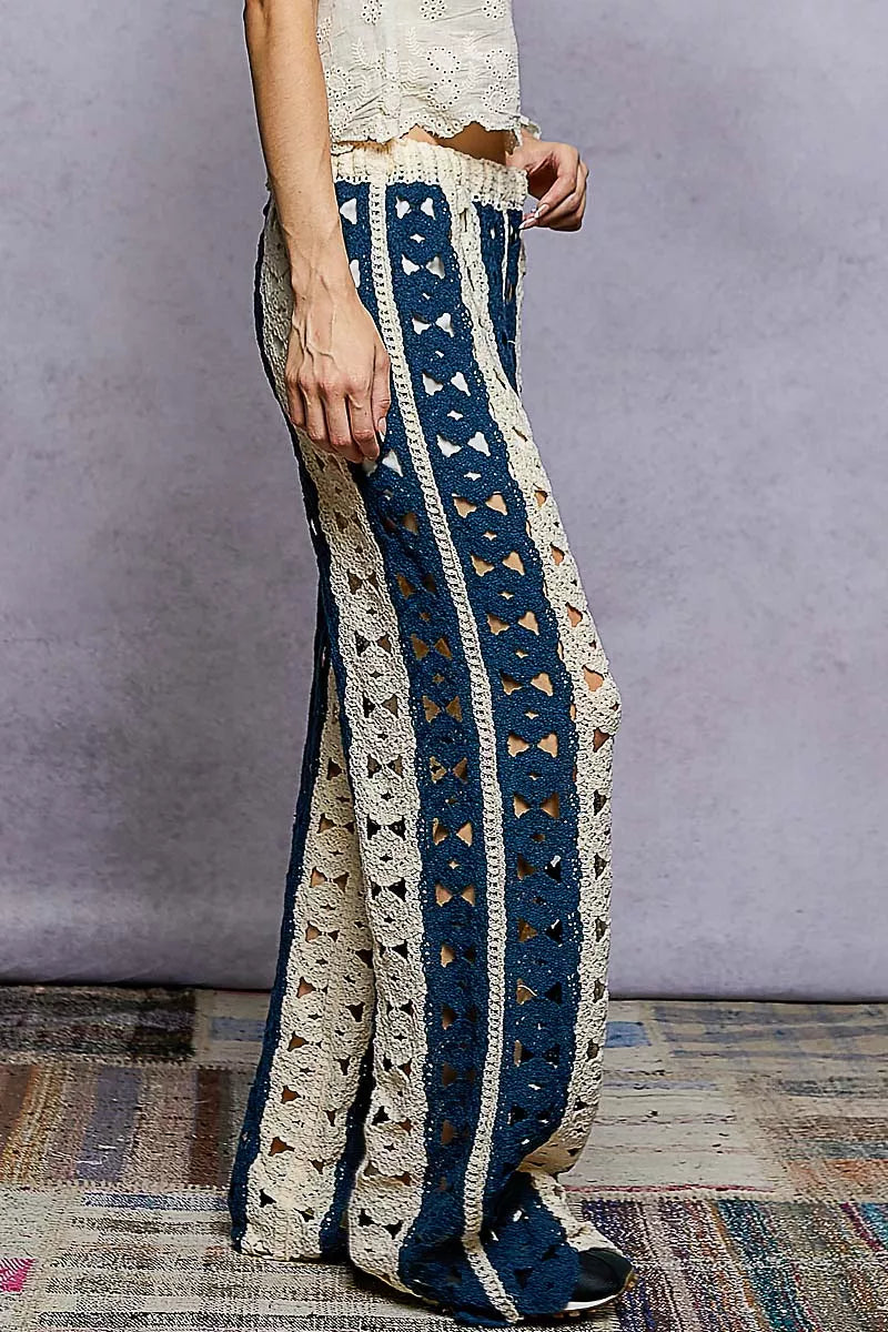 POL Natural & Navy Openwork Wide Leg Pants with Stripe Detail
