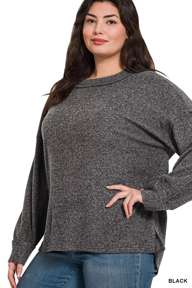Zenana Black Brushed Ribbed Hacci Drop Shoulder Sweater