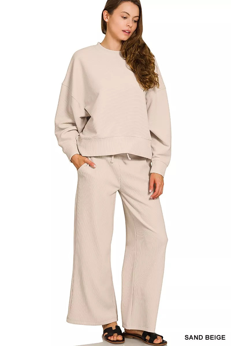 Zenana Sand Beige Ribbed Round Neck Pullover and Drawstring Pants Set SAND BEIGE