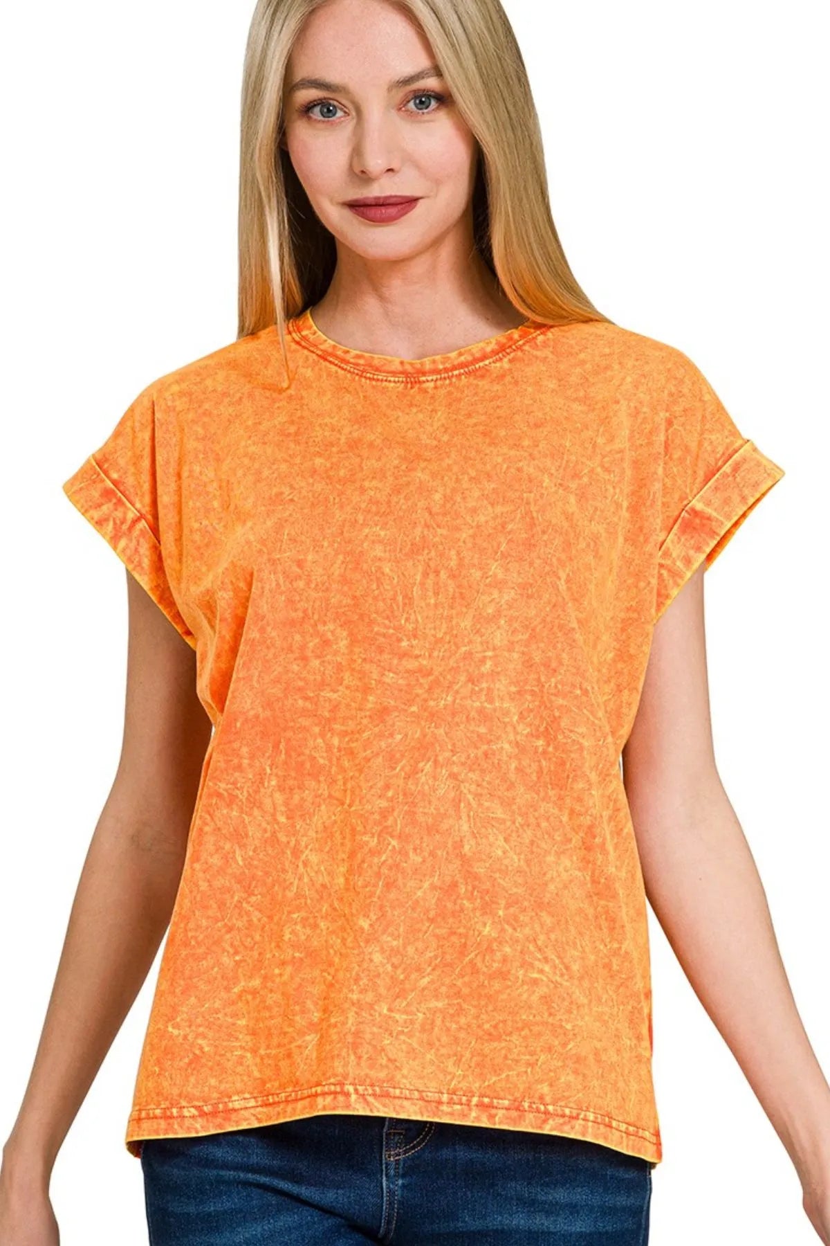 Zenana Orange Crinkle Washed Round Neck Folded Short Sleeve Tee ORANGE
