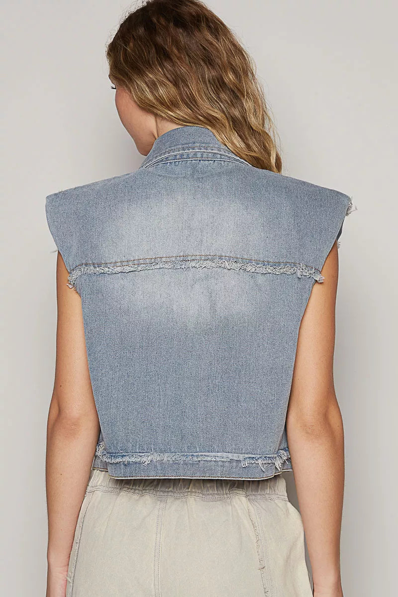 POL Denim Assymetrical Front Closure Raw Hem Denim Vest