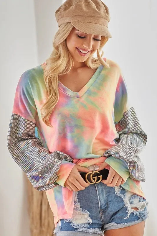BiBi V Neck Tie Dye French Terry Top with Shiny Balloon Sleeves