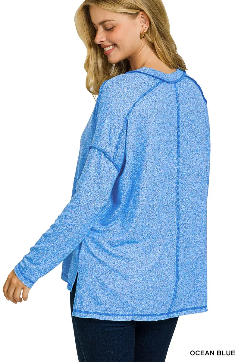 Zenana Ocean Blue Soft Melange Hacci Exposed Seam Hi-low Tee