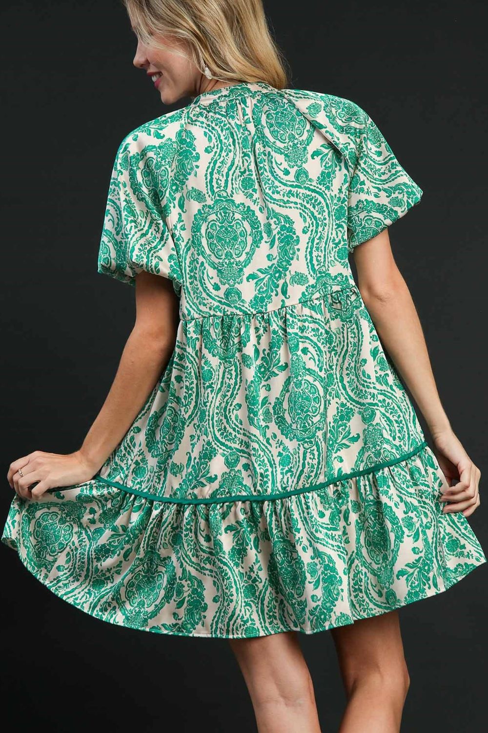 Umgee Teal Printed Notched Puff Sleeve Mini Dress