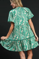 Umgee Teal Printed Notched Puff Sleeve Mini Dress