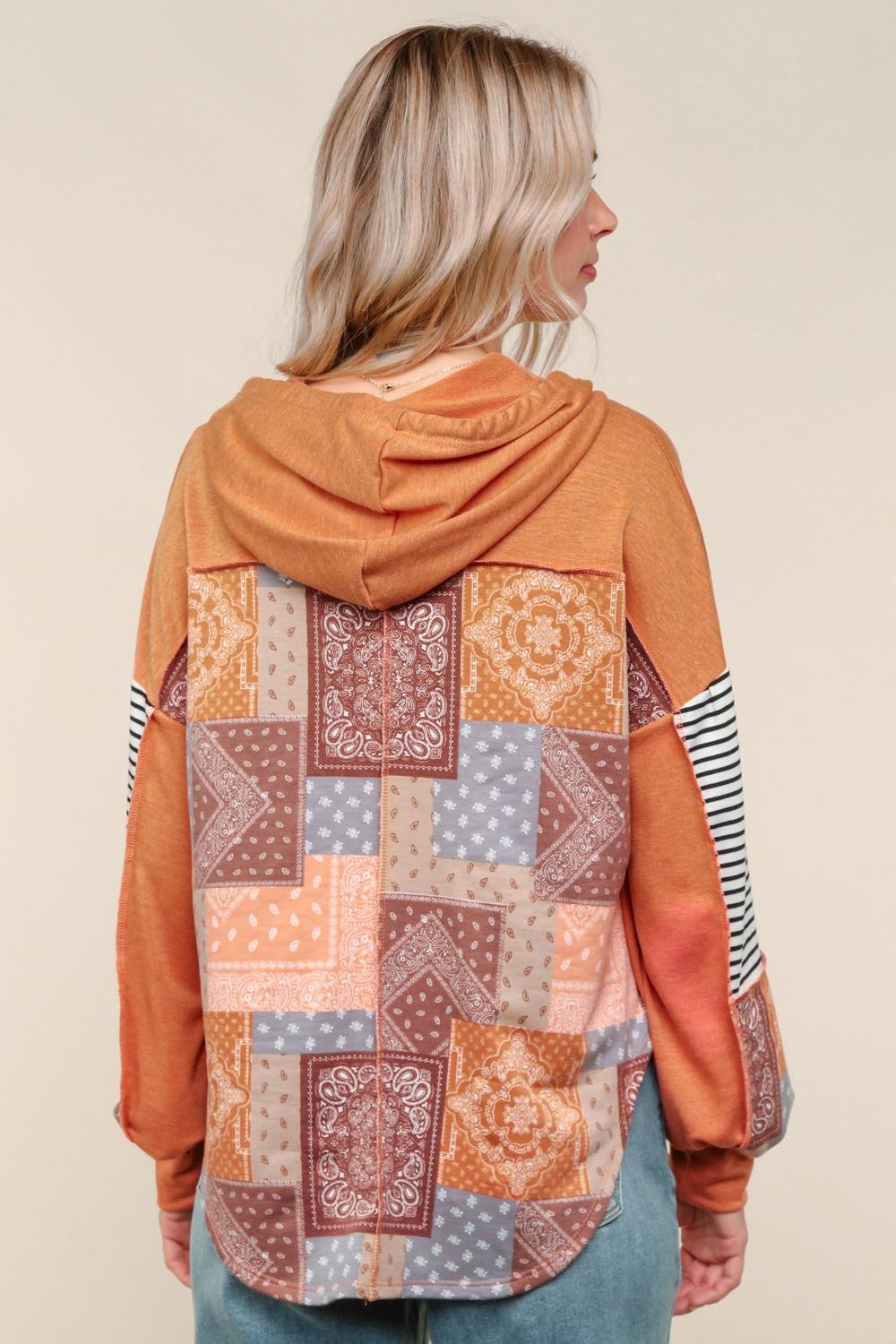 Haptics Rust French Terry Stripe & Printed Patchwork High Low Hoodie