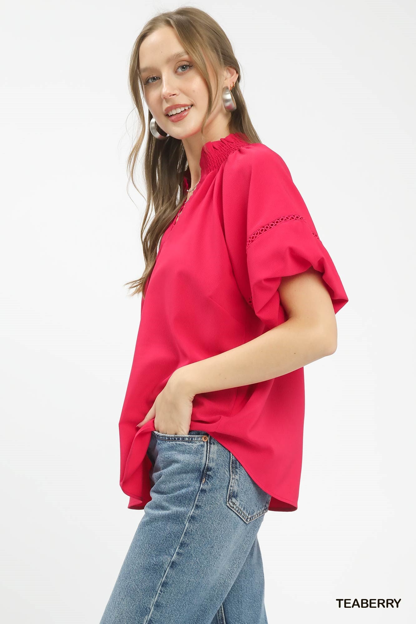 Umgee Teaberry Lace Trim Peasant Top