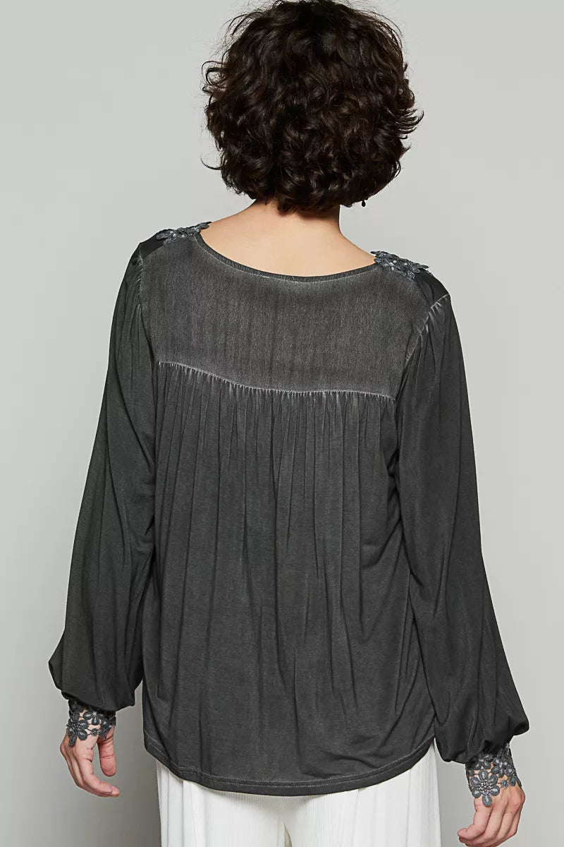 POL Floral Embroidery Woven Top with Lace Trim