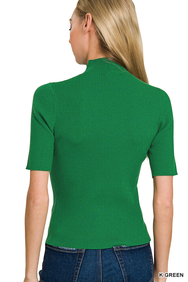 Zenana Kelly Green Viscose Ribbed Mock Neck Sweater