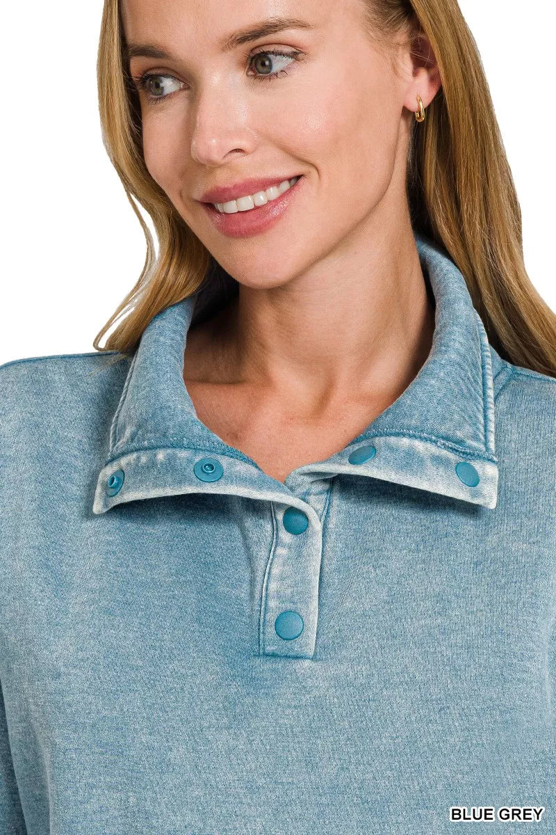 Zenana Blue Grey Fleece Washed High Neck Kangaroo Pocket Sweatshirt