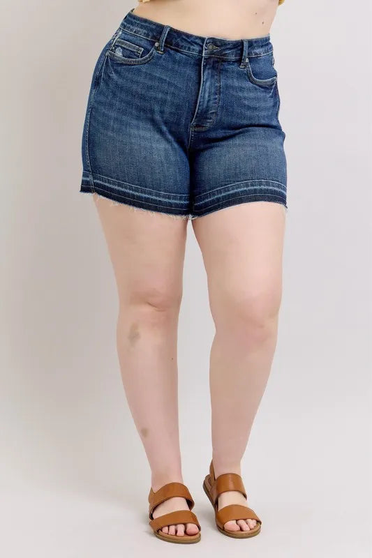 Judy Blue Plus Size Dark Washed HW Tummy Control Destroy Release Hem Denim Shorts