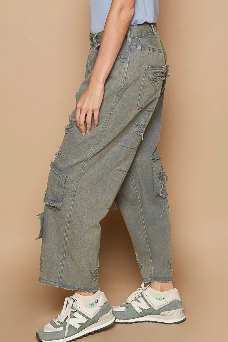 POL French Blue Distressed Raw Hem Wide Leg Pants