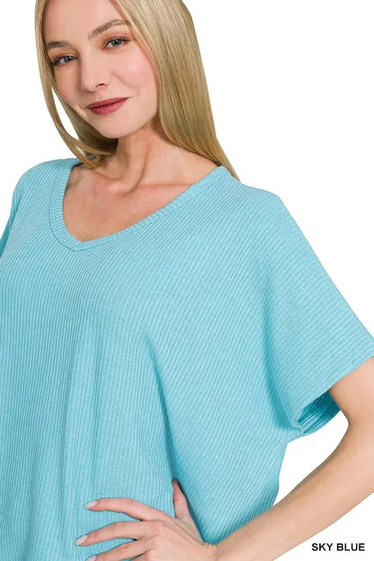 Zenana Sky Blue Ribbed V-Neck Short-Sleeve Knit Top