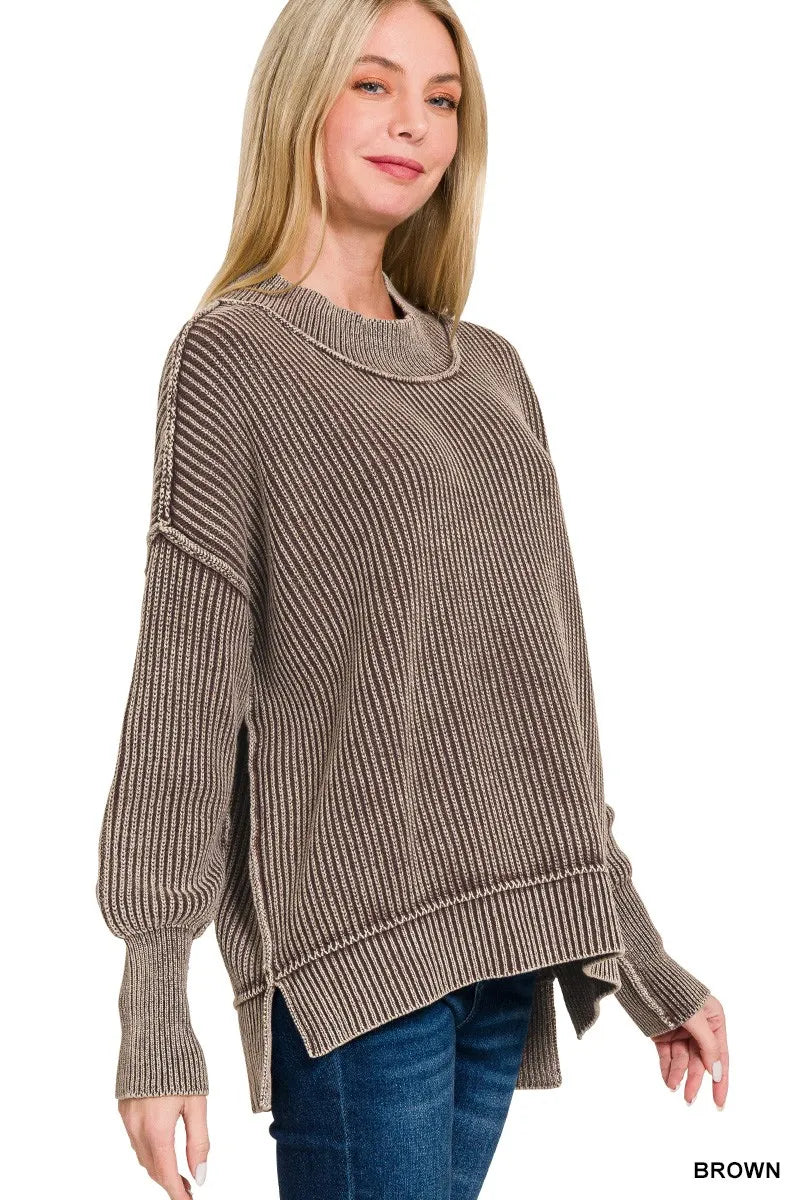 Zenana Brown Washed Side Slit Oversized Sweater