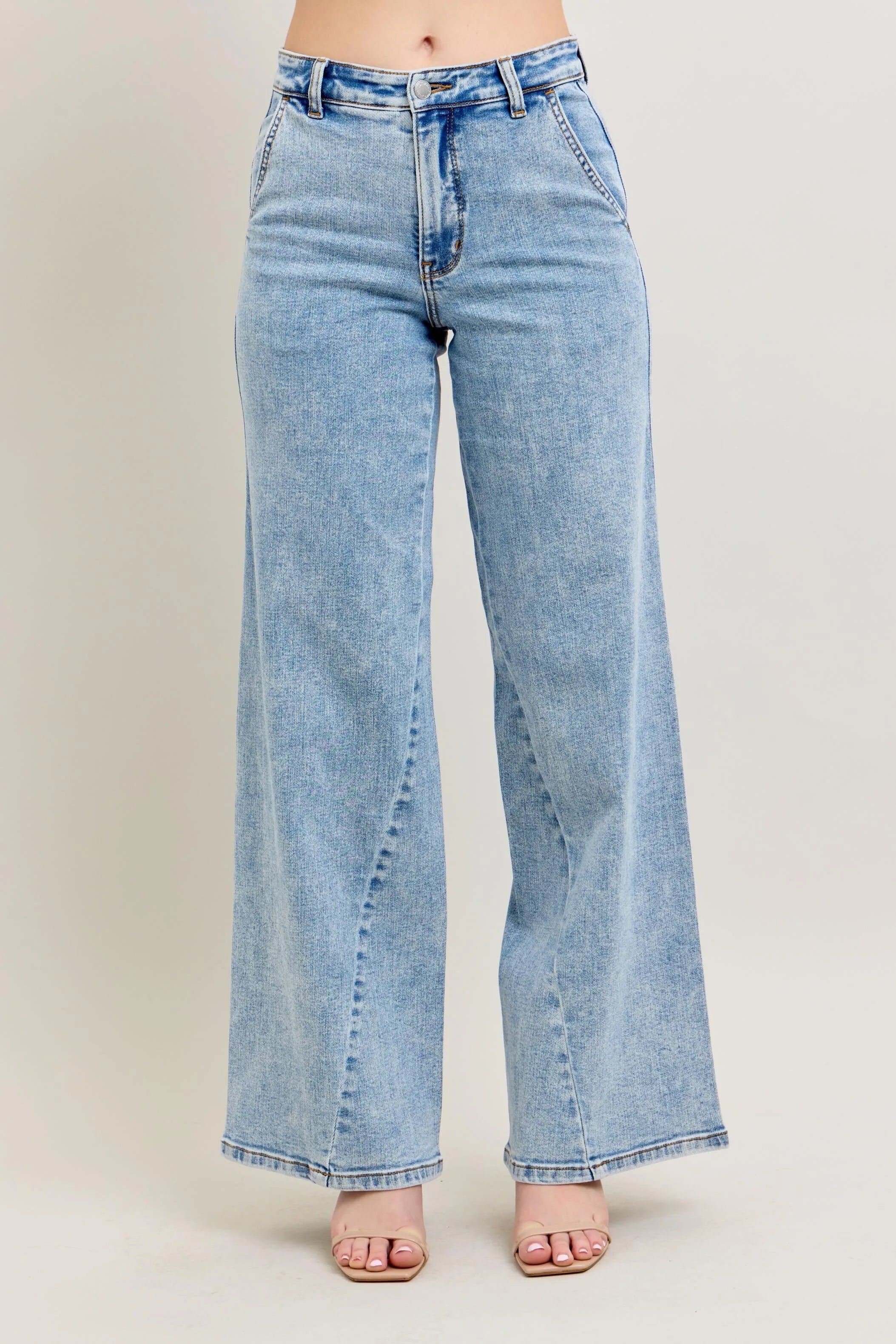 Judy Blue Light Washed High Waist Wide Leg Jeans with Skewed Inseam