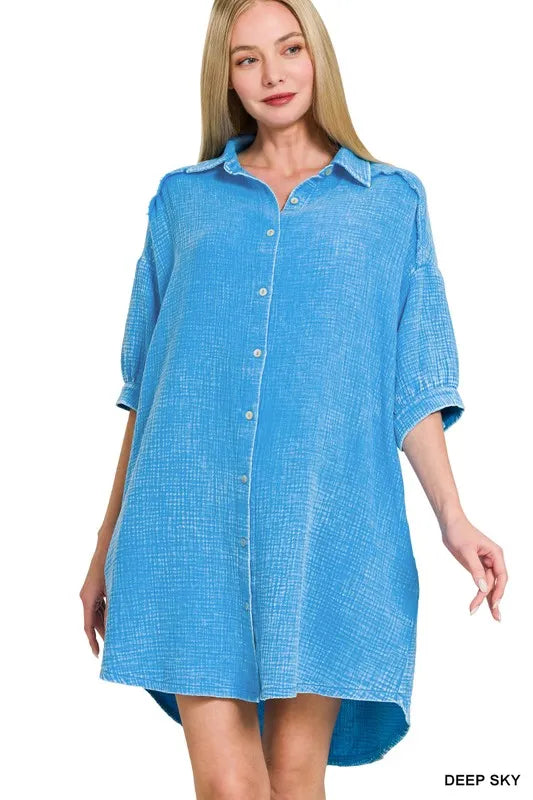 Zenana Deep Sky Washed Double Gauze Button Down Shirt Dress